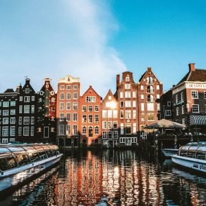 Colorful houses along the water in a European city