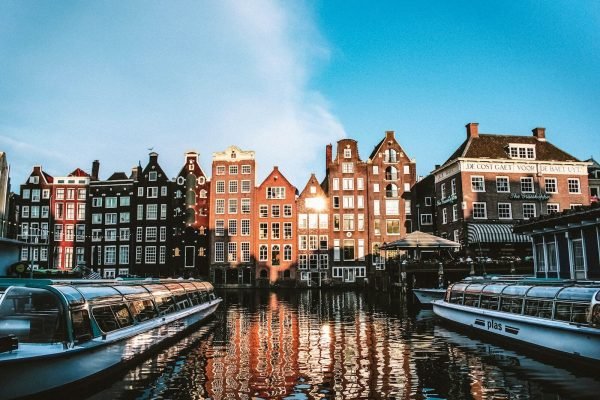 Colorful houses along the water in a European city
